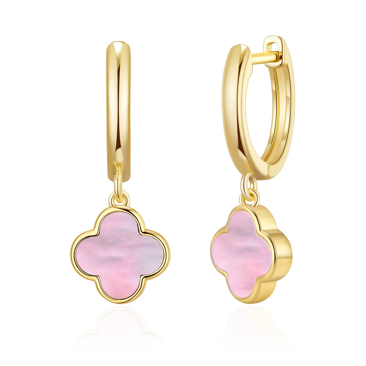 18k Gold Plated Pink Mother of Pearl Gemstone Clover Charm Hoop Earrings: the shop's own photo