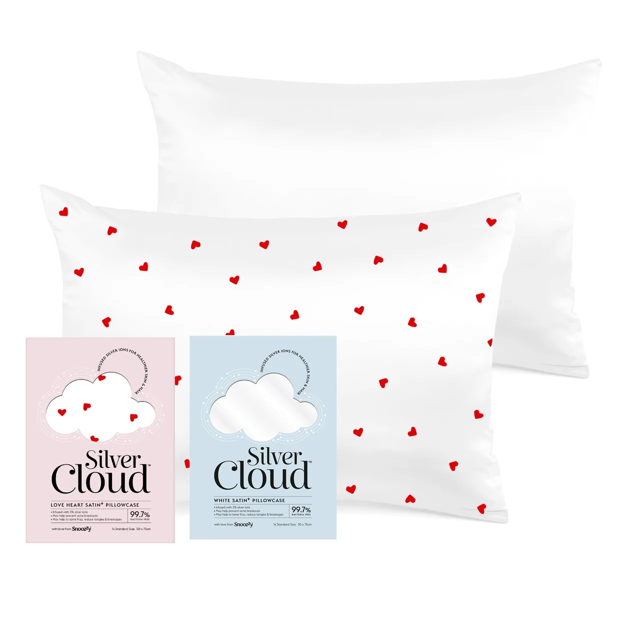 Silver Cloud Heart Print & White Satin Pillowcase Twinpack: the shop's own photo