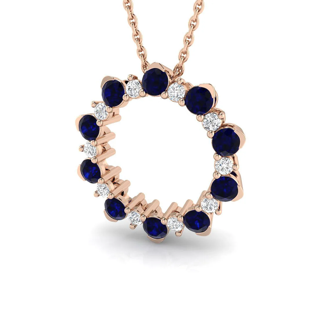 Blue Sapphire & Diamond Circle Pendant Necklace | Gold & Platinum - 9k Rose Gold / 1.00 Carat / Natural Diamond(F/SI): the shop's own photo