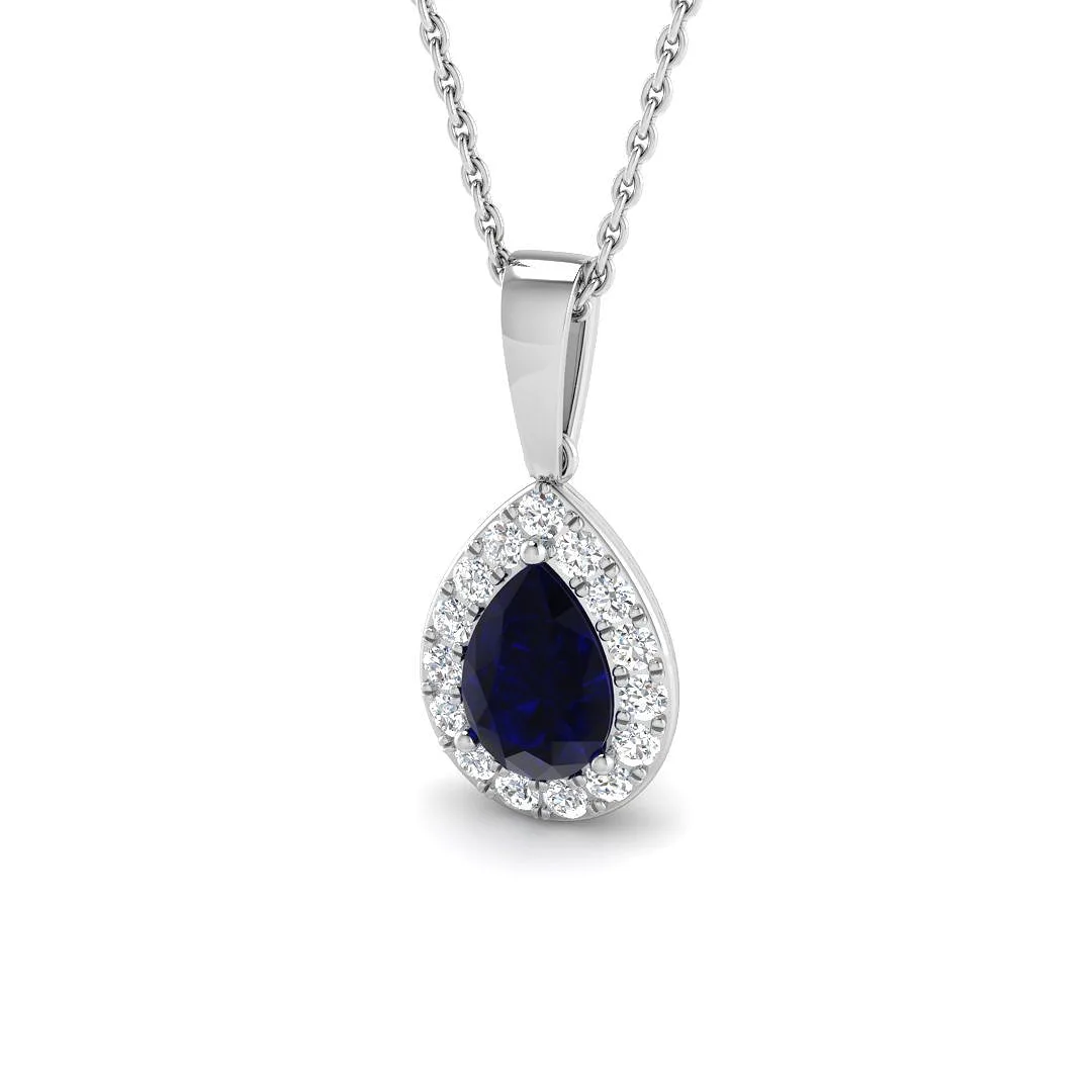 Blue Sapphire Diamond Pendant | Pear Halo Gold Necklace(Without Chain ) - 9k White Gold / Natural Diamond(F/SI) / 1.25 Carat: the shop's own photo