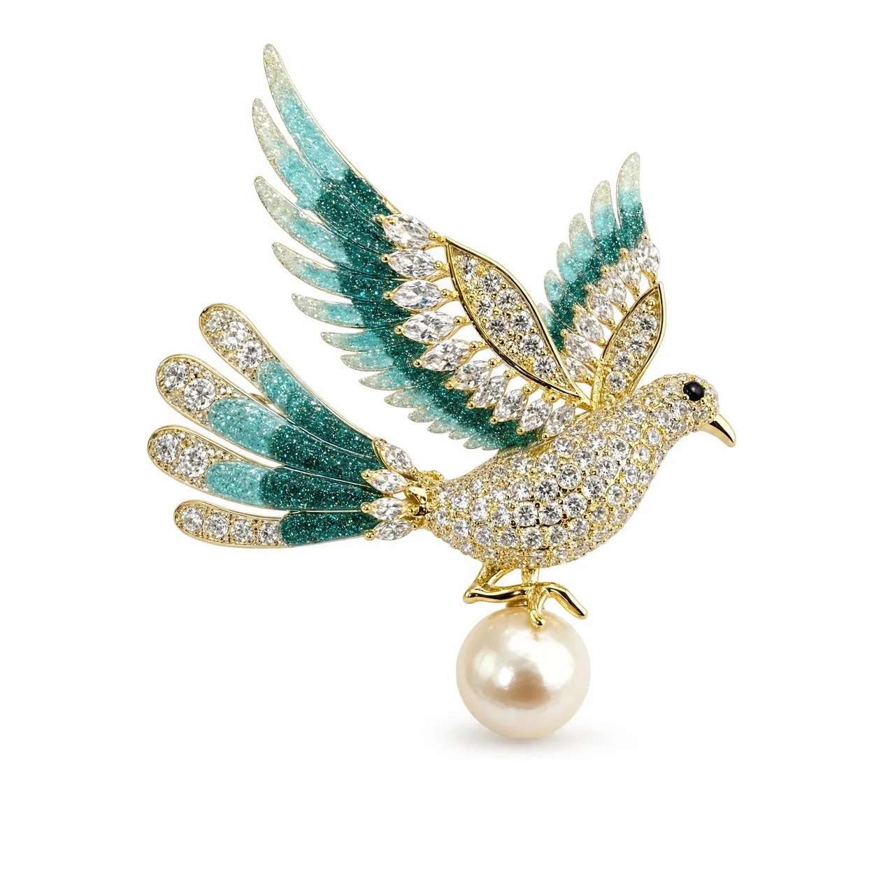 Teal Crystal Peace Dove Pearl Brooch: the shop's own photo