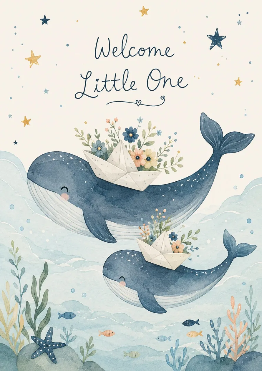 Cute Whale & Floral Ocean Design New Baby Card: the shop's own photo