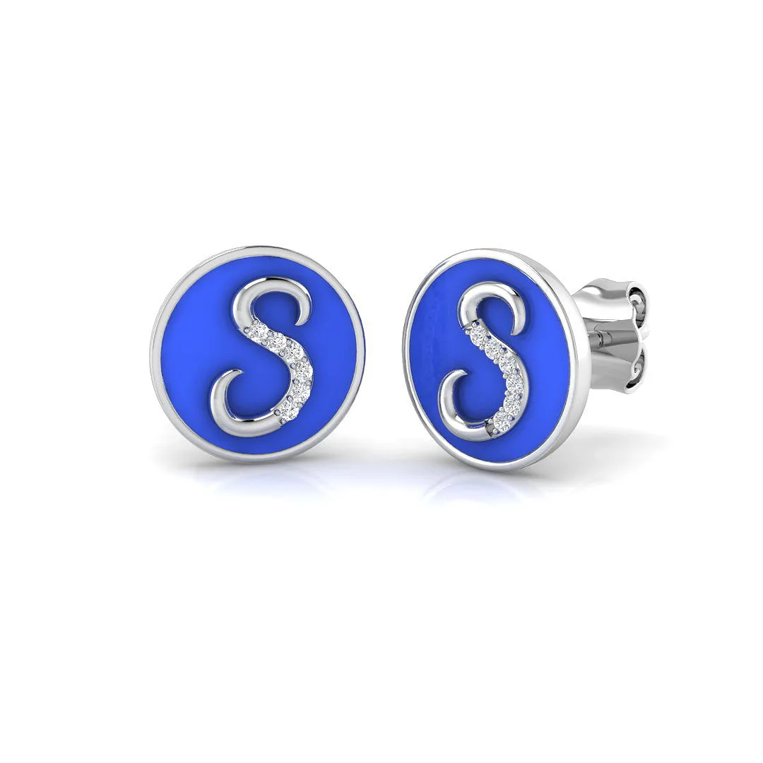 Sparkling 0.25Ct Diamond Initial S Blue Enamel Stud Earrings - 0.25 Carat / Lab Grown Diamond(D-VVS) / 18k White Gold: the shop's own photo