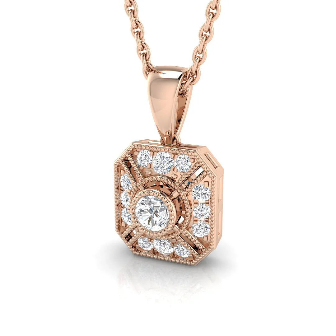 Octagon Diamond Pendant Necklace with Vintage Style Design - UK Made - 9k Rose Gold / 0.20 Carat / Natural Diamond(F/SI): the shop's own photo