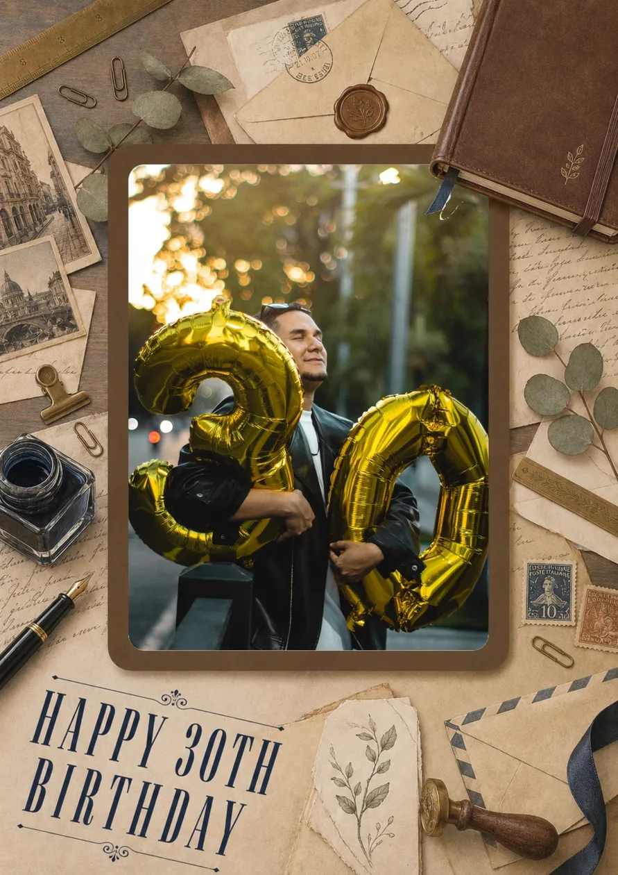 Gold 30 Balloon Photo Upload 30th Birthday Card for Him: the shop's own photo