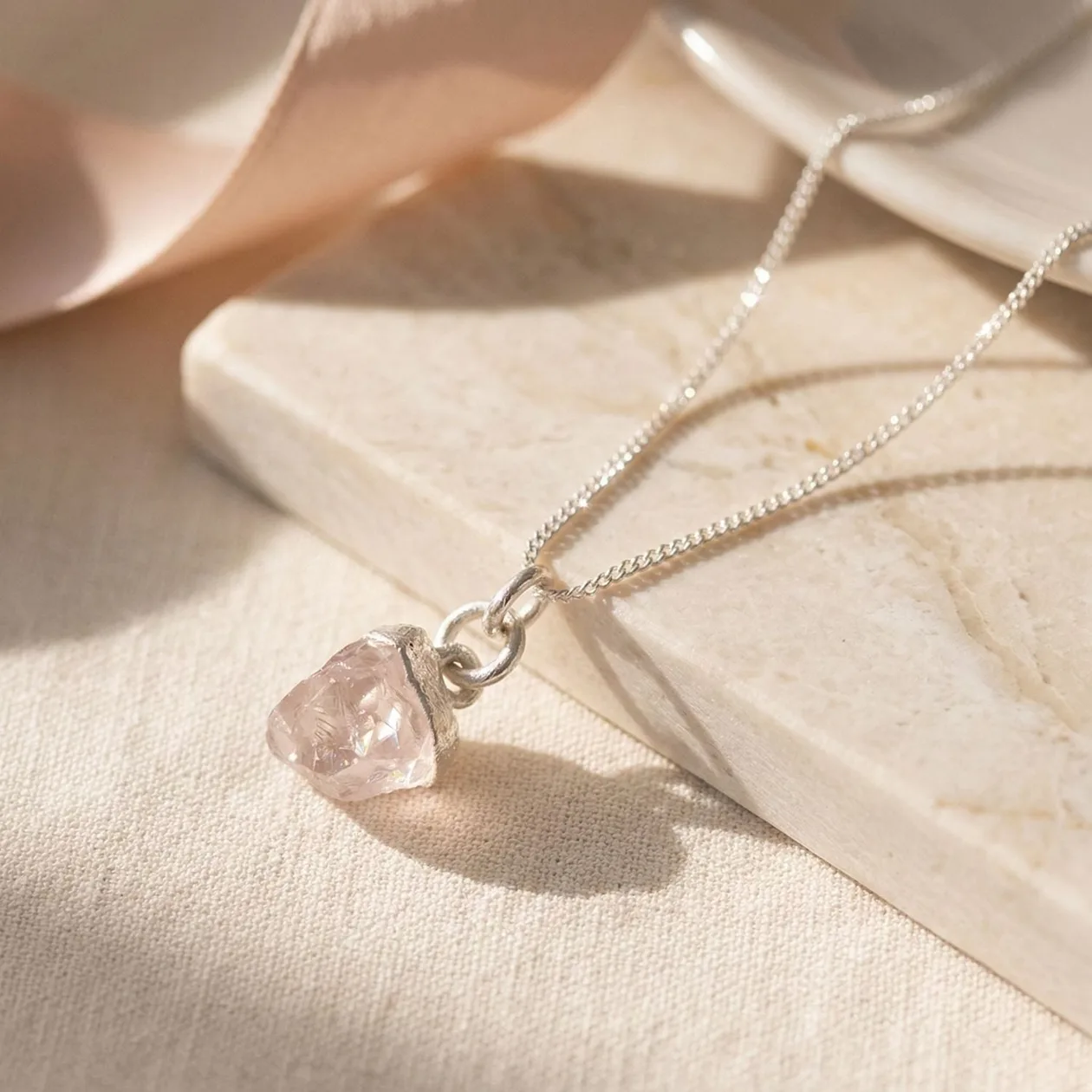 Raw Rose Quartz October Birthstone Sterling Silver Necklace: the shop's own photo