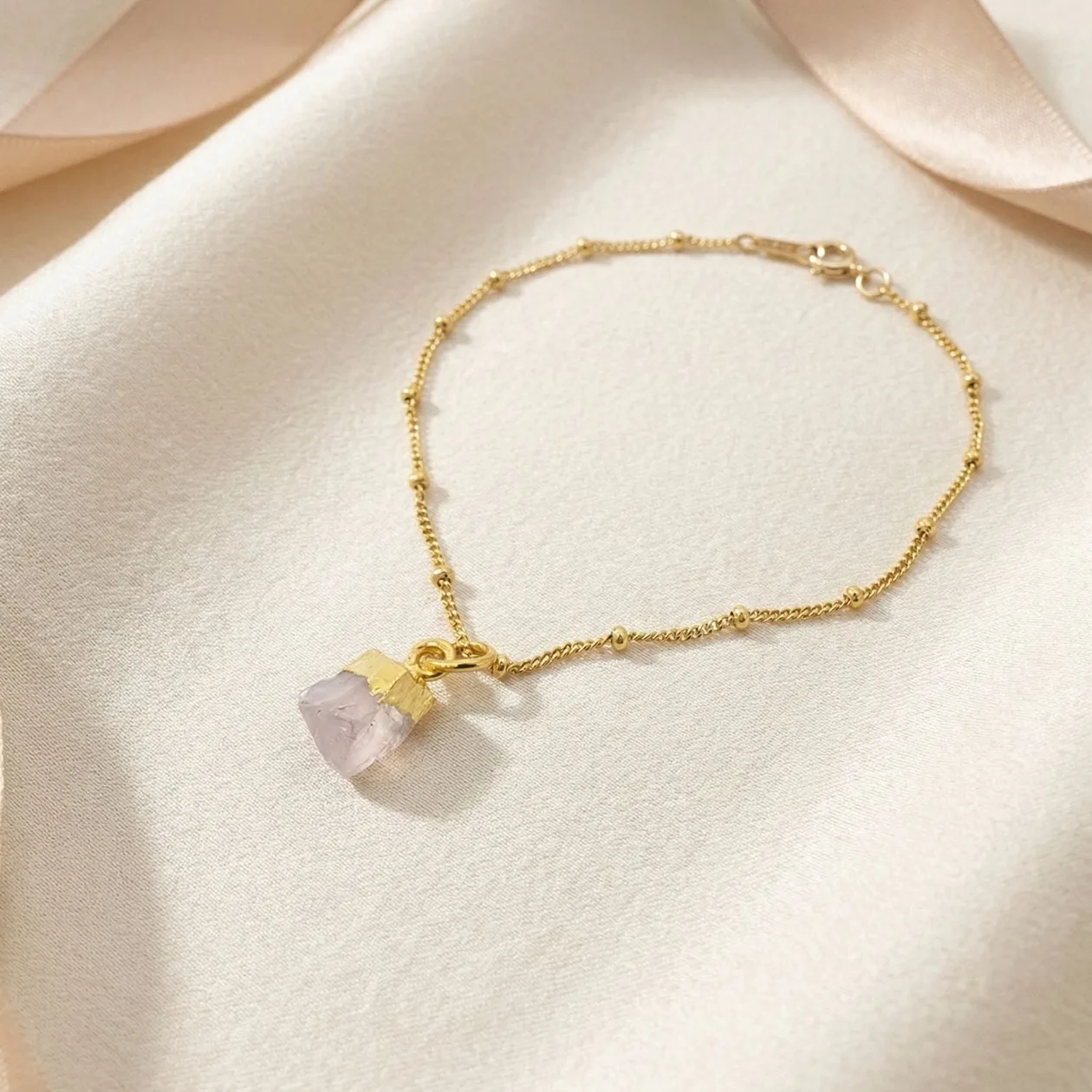 Raw Rose Quartz October Birthstone Satellite Bracelet: the shop's own photo