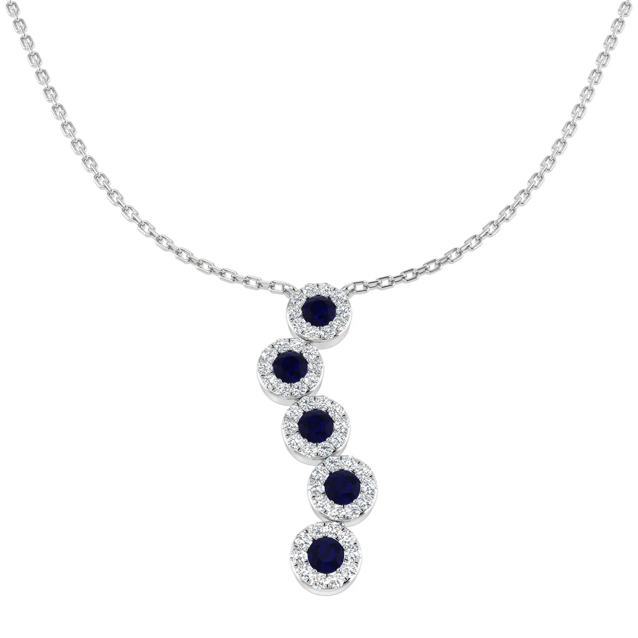 Blue Sapphire & Diamond Five Stone Drop Pendant Necklace - UK Made - 9k White Gold / Natural Diamond(F/SI) / 0.75 Carat: the shop's own photo