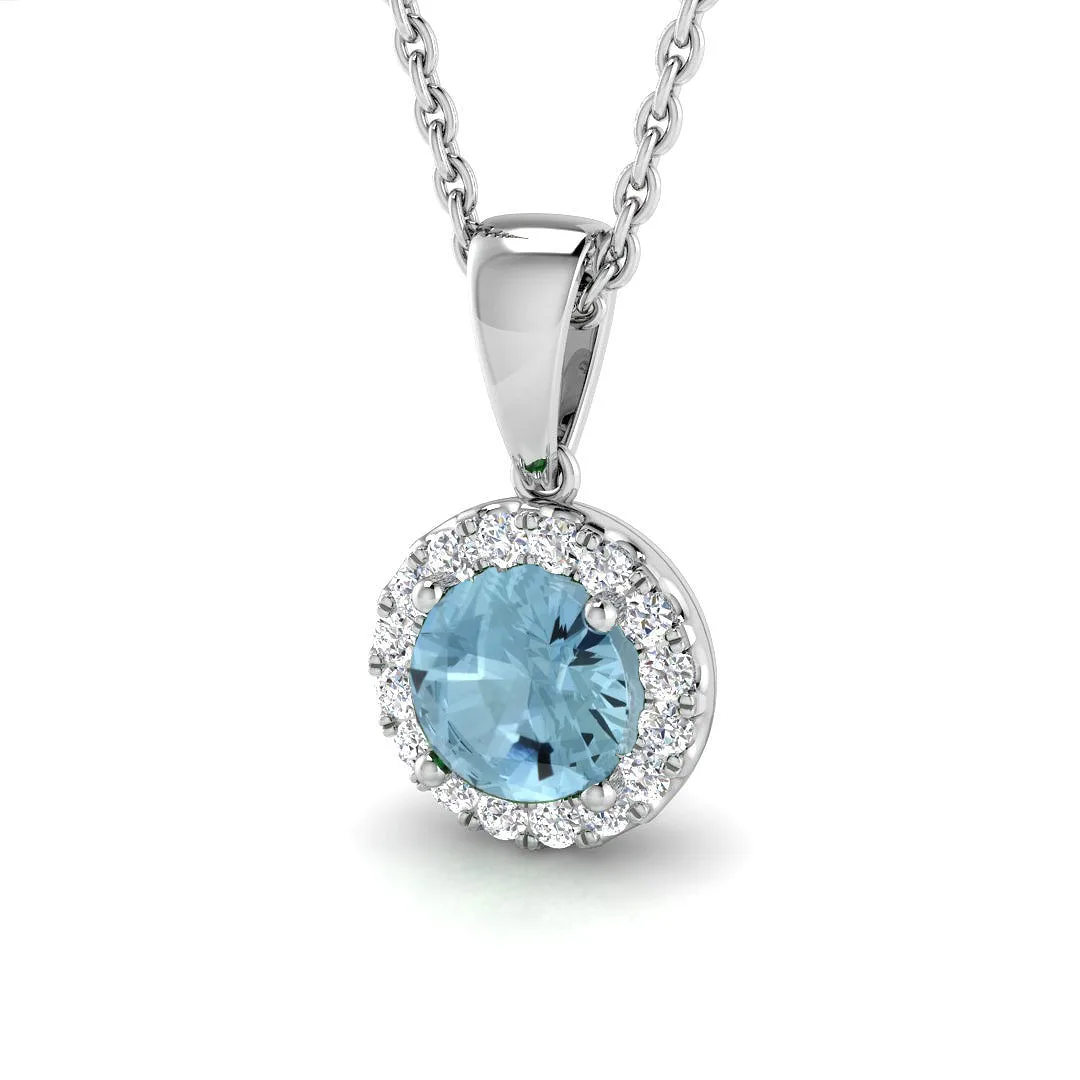Aquamarine Halo Pendant with Natural Diamonds | Round Halo Design - 950 Platinum / 0.50 Carat / Lab Diamond (D/VVS): the shop's own photo
