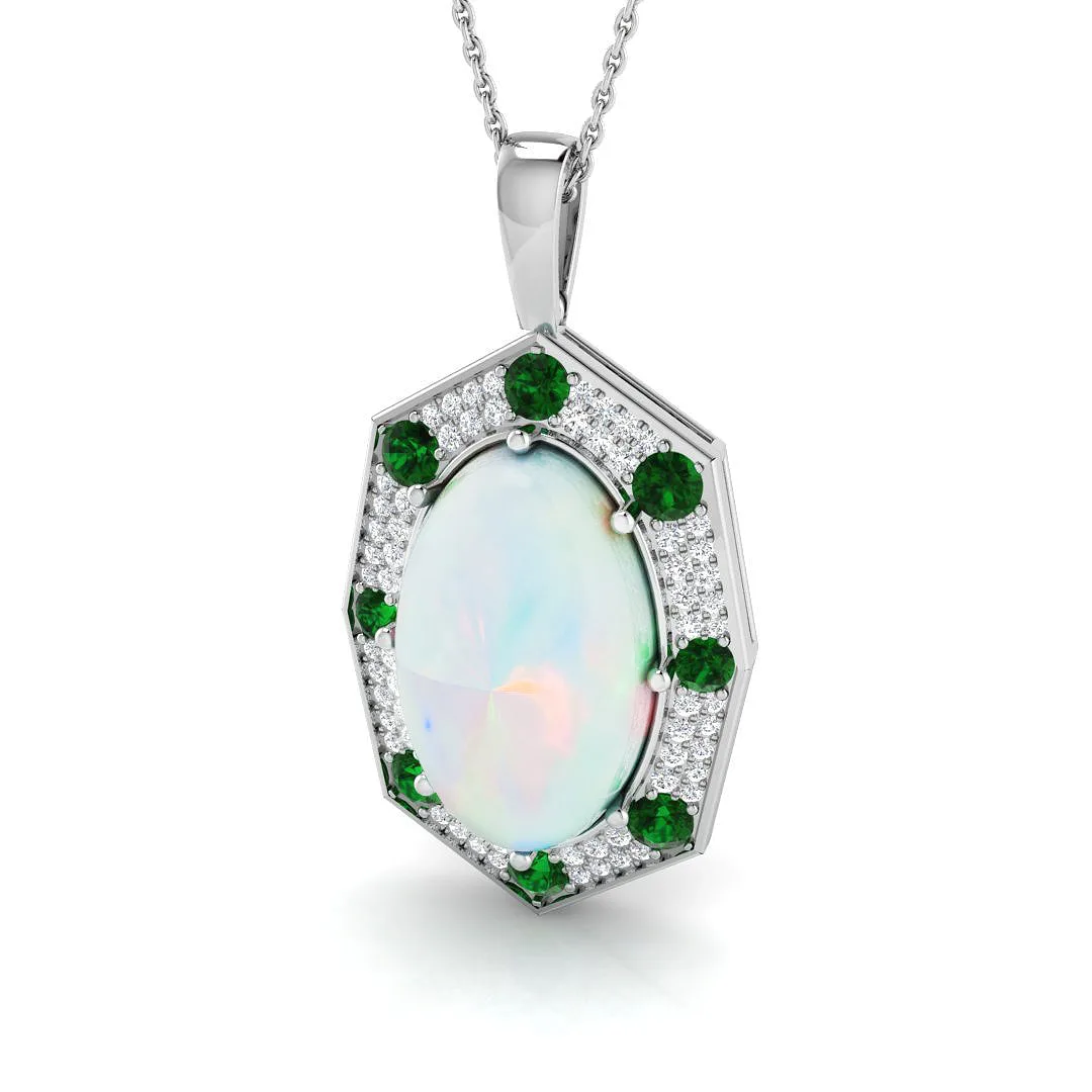 Opal Pendant Necklace with Emerald & Diamond Hexagon Halo - UK Made - 9k White Gold / 6.50 Carat / Natural Diamond(F/SI): the shop's own photo