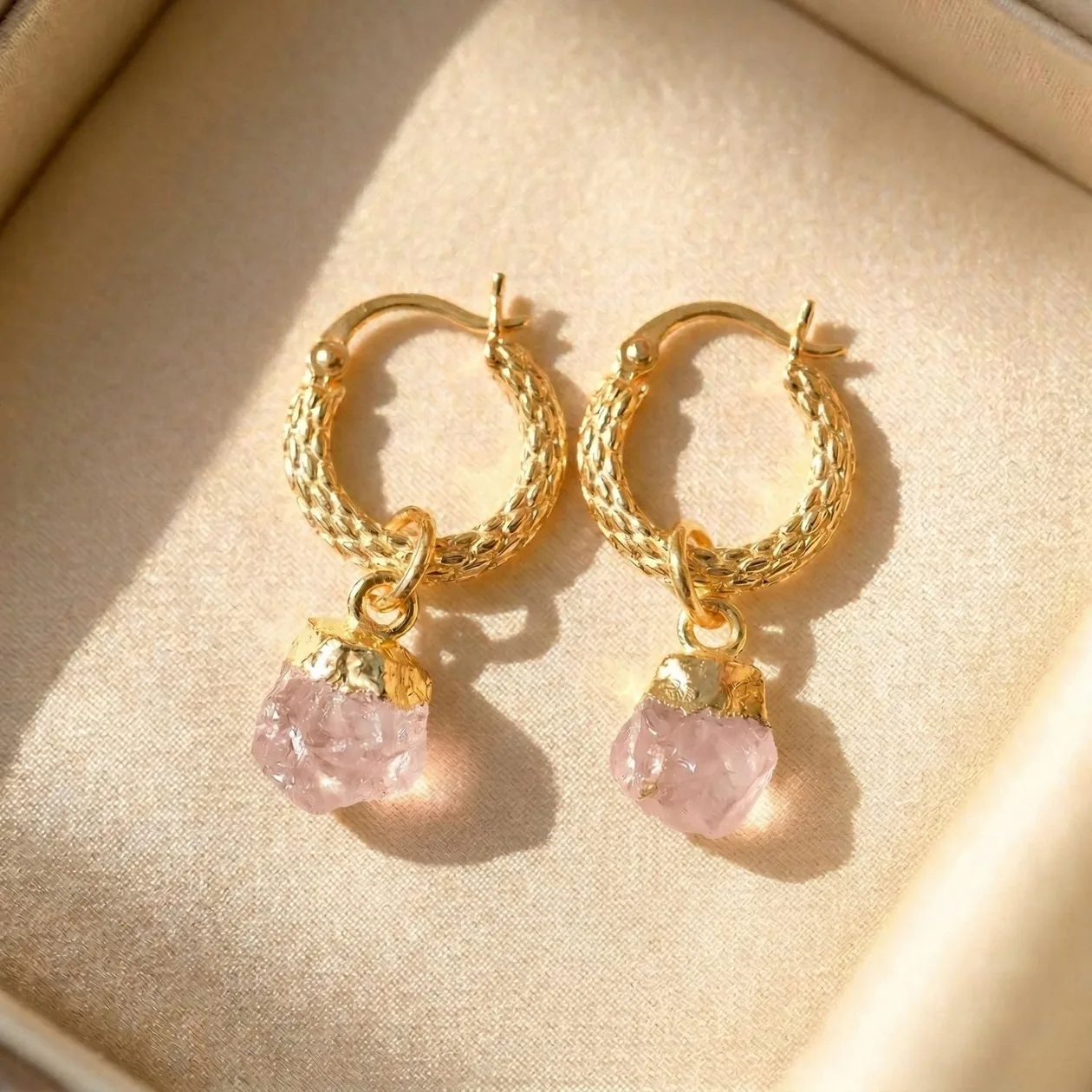 Raw Rose Quartz October Birthstone Huggie Hoops Gold Plated Gemstone Earrings: the shop's own photo