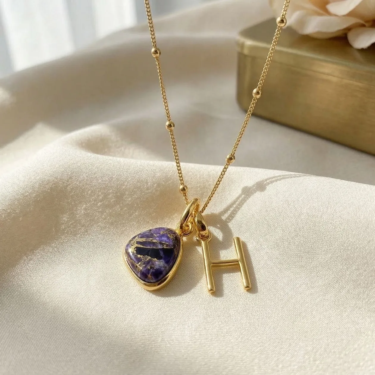 18ct Gold Plated Amethyst Initial Necklace - M / Fine Beaded Chain: the shop's own photo