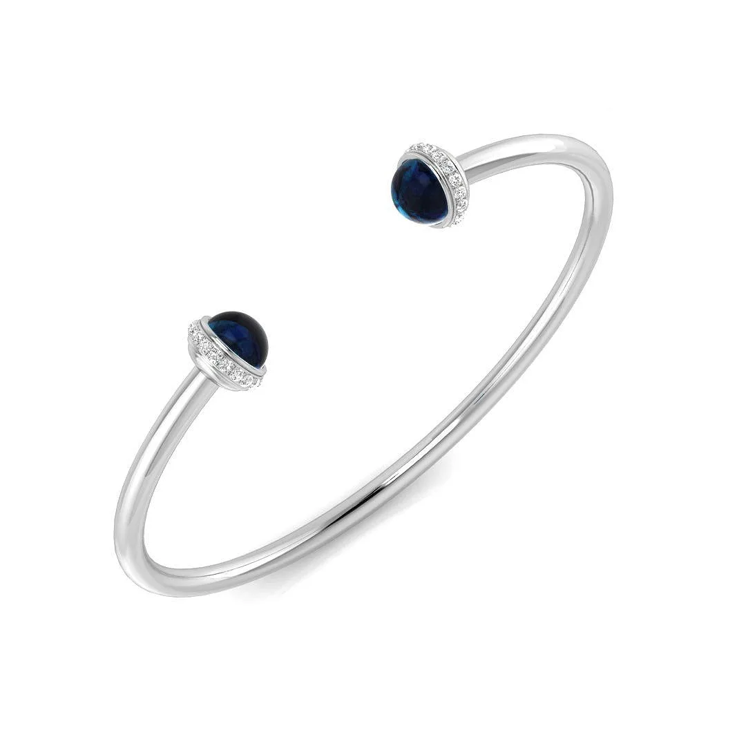 18K White Gold Blue Sapphire Open Cuff Bangle with Natural Round Halo Diamonds - 9k Yellow Gold / 1.80 Carat / Natural Diamond: the shop's own photo