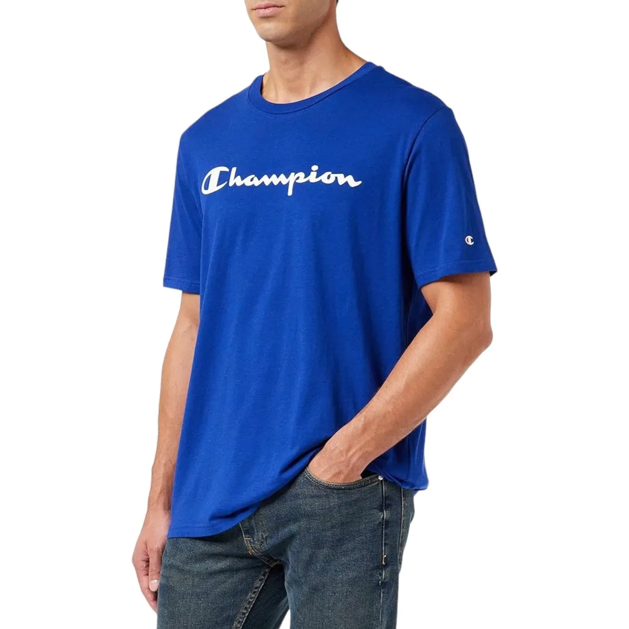 Champion Crew Neck Spellout Graphic T-Shirt - Blue | Size: M: the shop's own photo