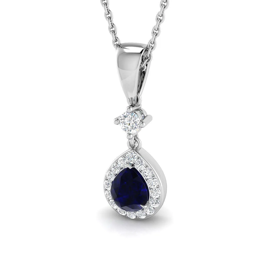 Pear Cut Blue Sapphire Pendant Necklace with Diamond Halo Drop - 9k White Gold / 0.50 Carat / Natural Diamond(F/SI): the shop's own photo