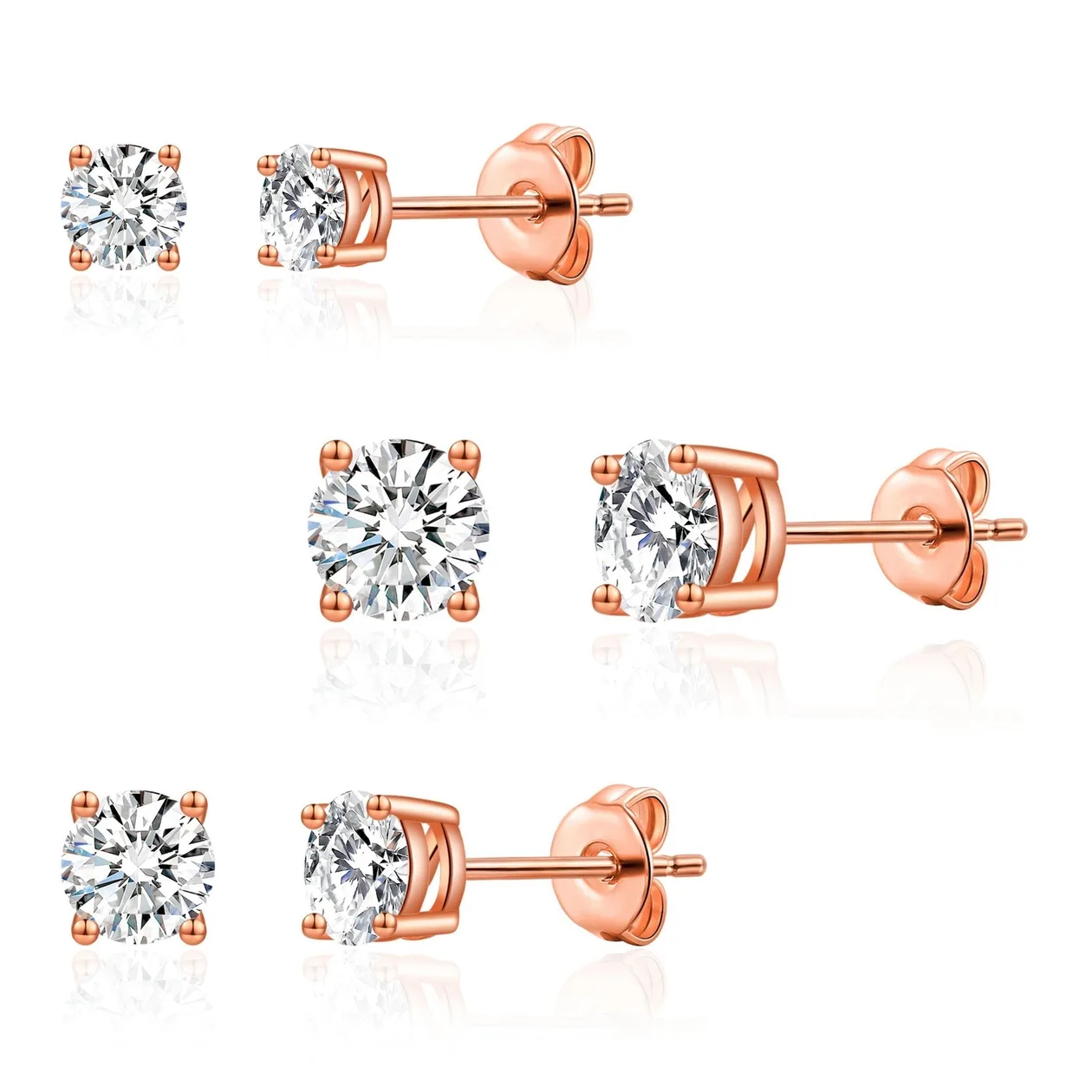 Three Pack of Rose Gold Plated 4mm, 5mm & 6mm Earrings Created with Zircondia® Crystals: the shop's own photo
