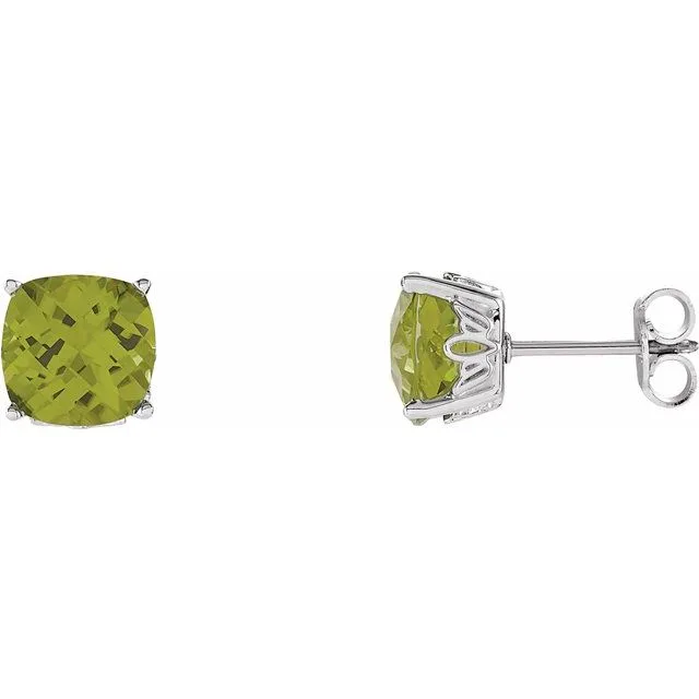 Peridot Cushion Stud Earrings | 0.80ct | 6 × 6mm | 9K White Gold - 0.80 Carat / Lab-Grown-AAA / 9k White Gold: the shop's own photo