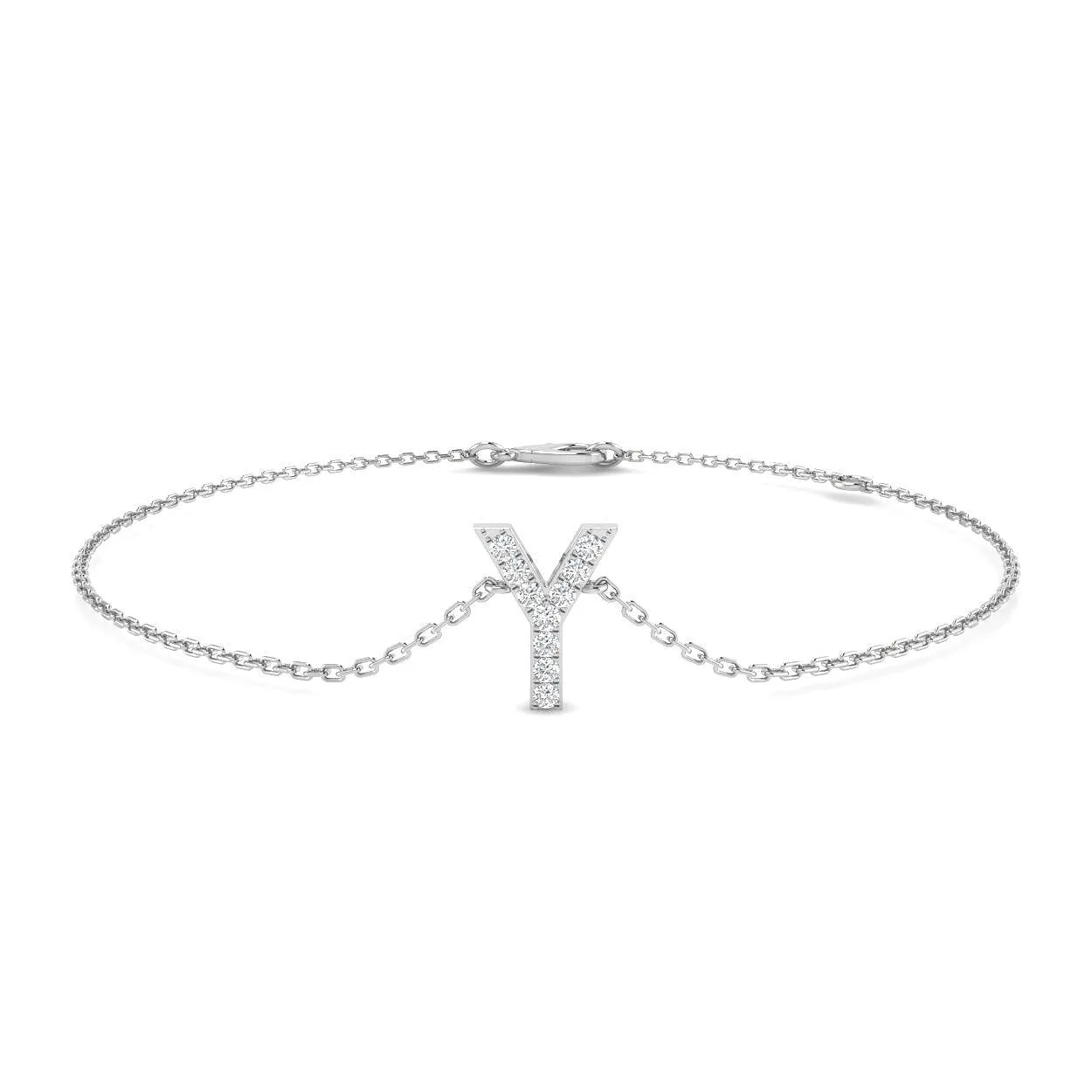 9K White Gold Initial Y Letter Natural Pave Set Diamonds Bracelet with Chain and Lobster Claw - 18k Yellow Gold / 0.10 Carat / Lab Grown Diamond: the shop's own photo