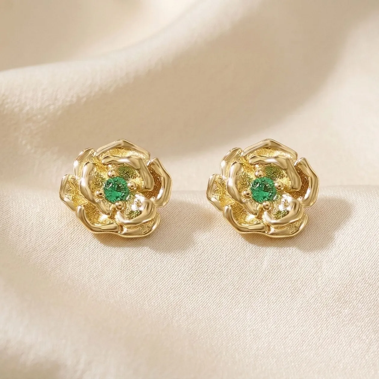 Emerald May Birthstone Hawthorn Birthflower Gold Plated Stud Earrings: the shop's own photo