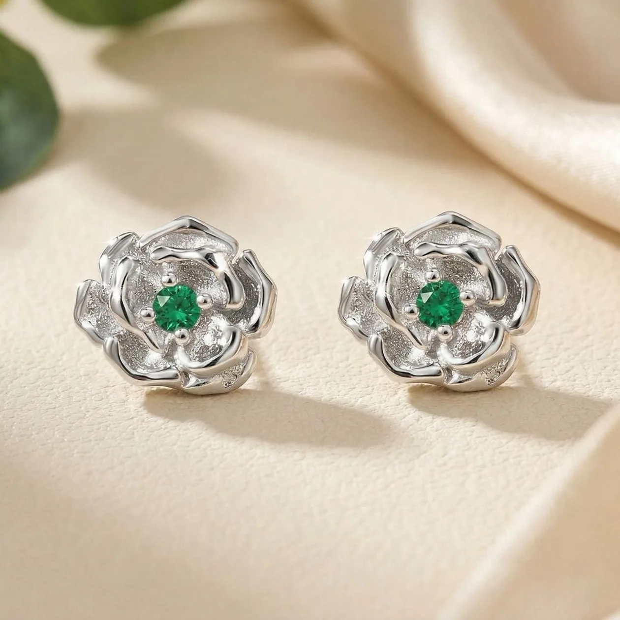 Sterling Silver Emerald May Birthstone Hawthorn Birthflower Stud Earrings: the shop's own photo