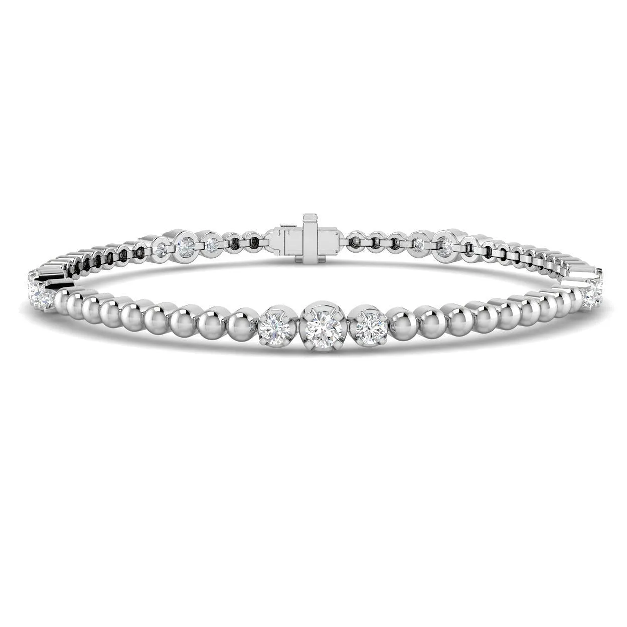 Round Cut Diamond Prong Set Trio Beaded Tennis Bracelet in Platinum with Box Clasp - 18k Yellow Gold / 1.05 Carat / Lab Grown Diamond: the shop's own photo