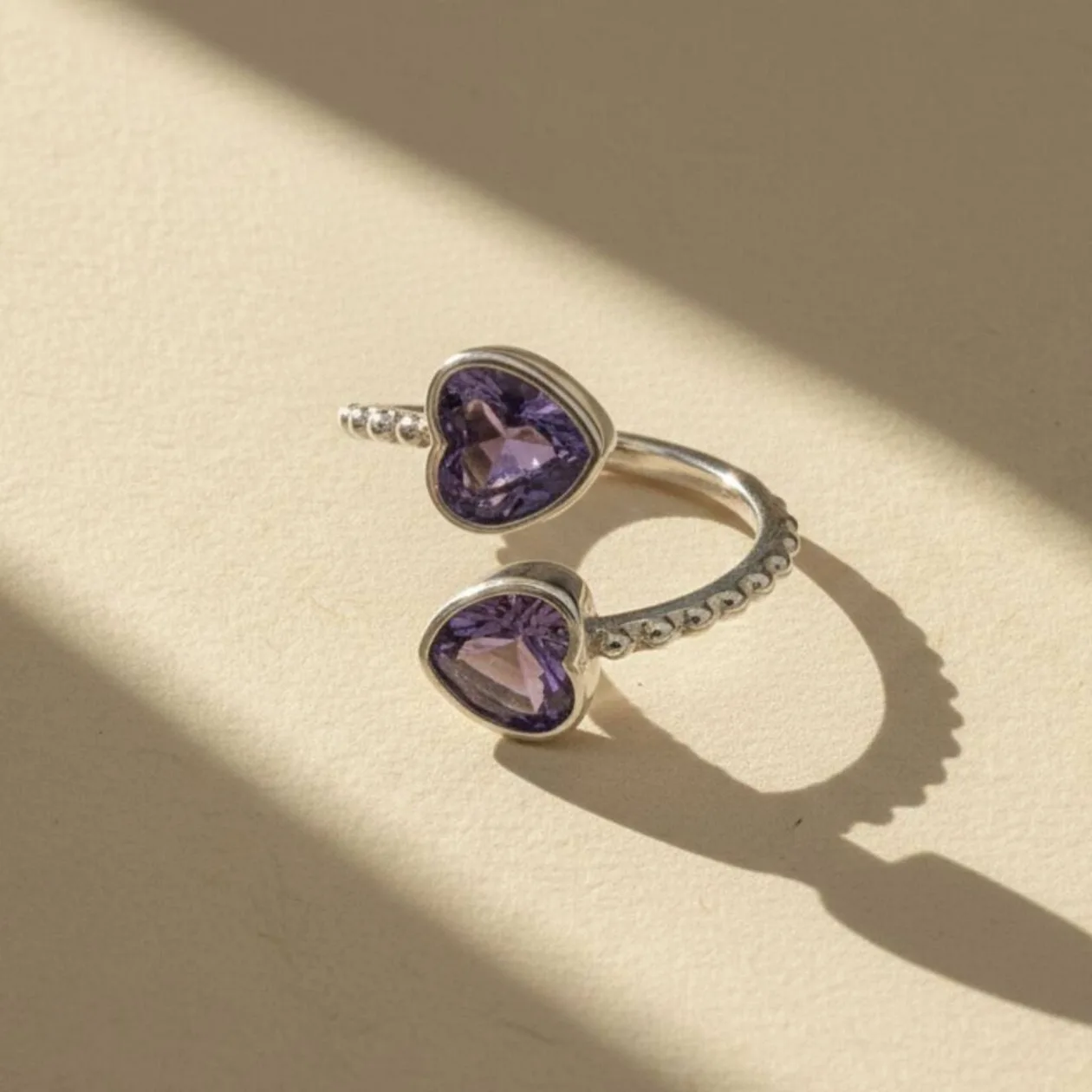 Double Heart Amethyst Heart February Birthstone Adjustable Silver Ring: the shop's own photo