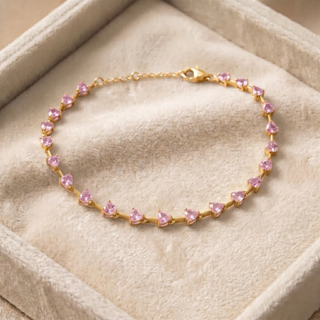 Gold Plated Pink Tourmaline Birthstone Heart Tennis Bracelet: the shop's own photo