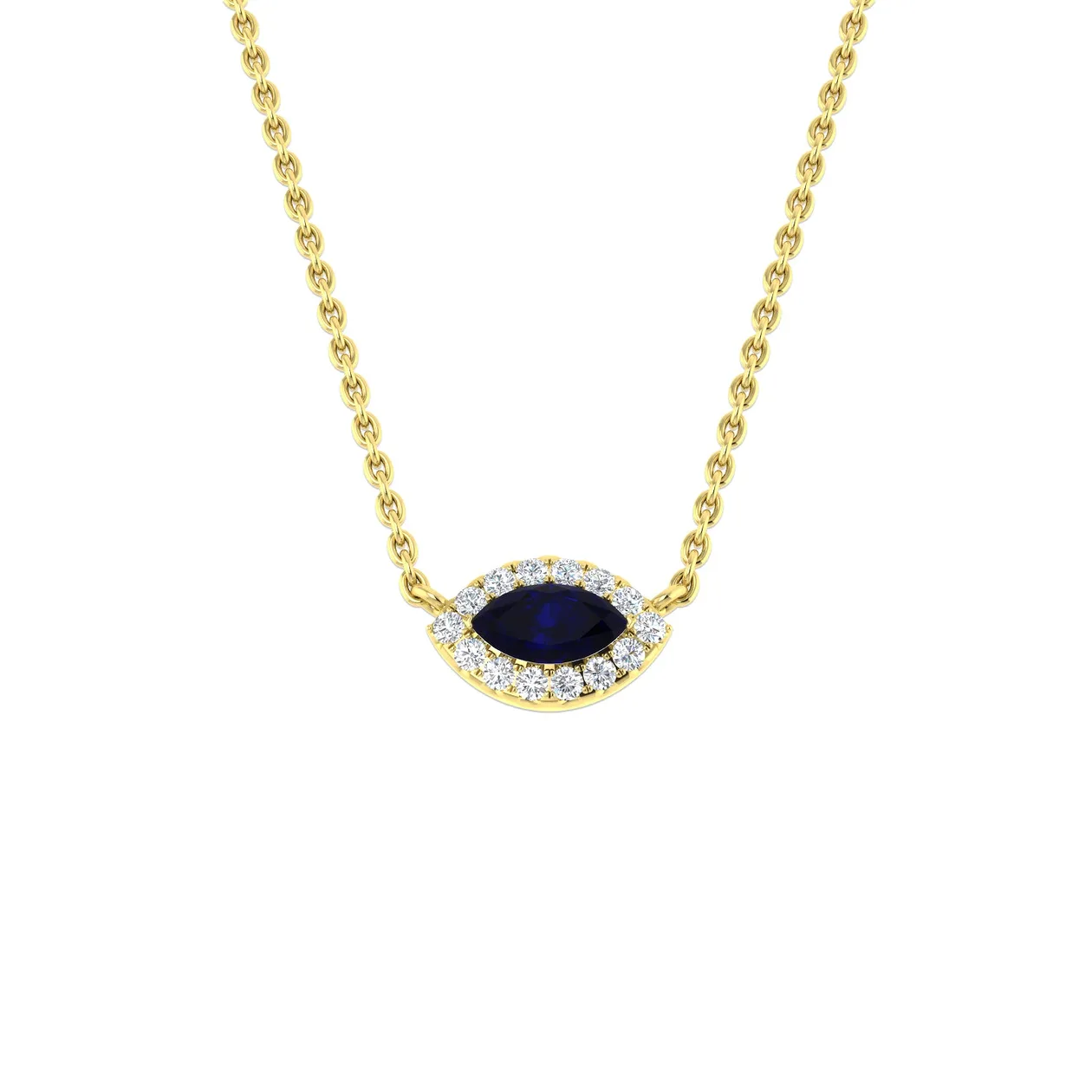 Marquise Cut Blue Sapphire & Diamond Halo Necklace | Sapphire Eye Necklace - 9k Yellow Gold / 0.25 Carat / Natural Diamond(F/SI): the shop's own photo