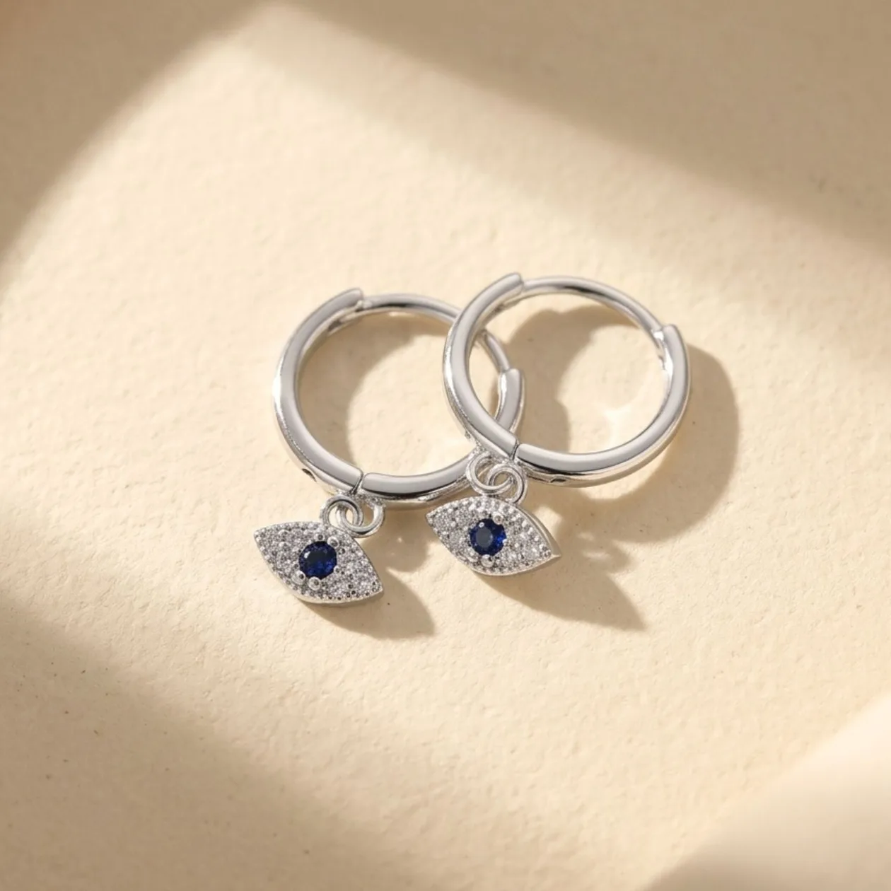 Sterling Silver Minimalist Small Evil Eye Charm Dainty Hoop Earrings: the shop's own photo