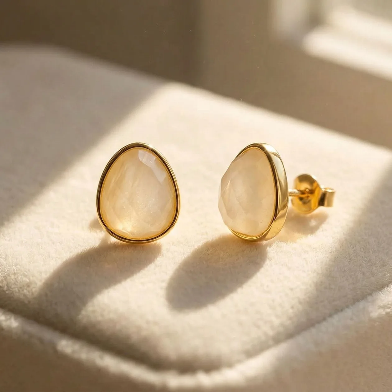 Fiery Moonstone Pear Shaped Stud Gold Plated Earrings: the shop's own photo