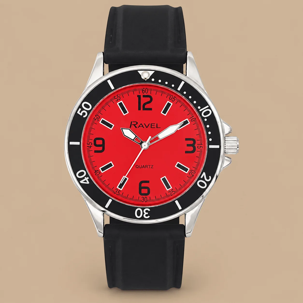 Ravel Men's Sporty Silicon Strap Watch with Black Top Ring on Silver Tone Case - Red Dial: the shop's own photo