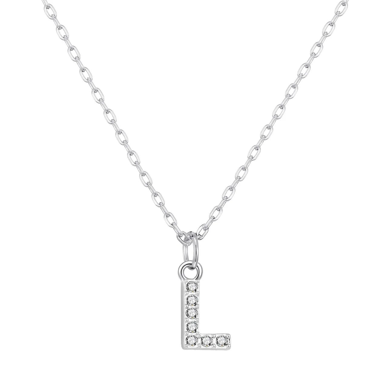 Customisable Silver Plated Pave Initial Necklace (A-Z) with Option of Birthstone Charm - L: the shop's own photo