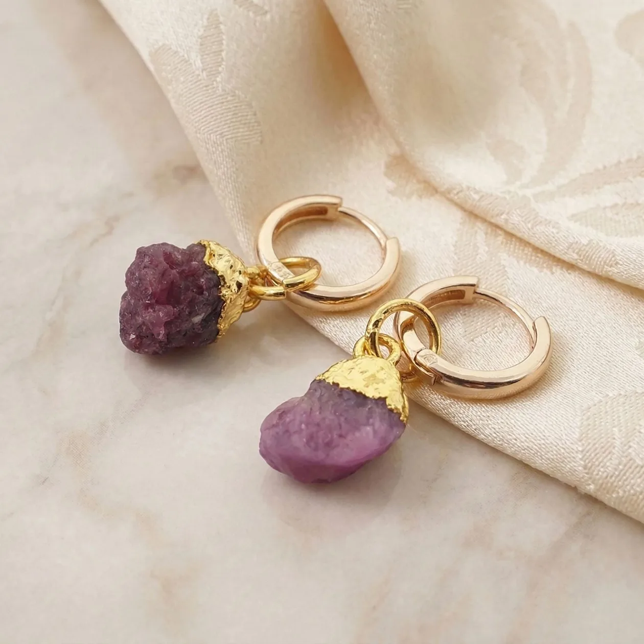 Raw Ruby July Birthstone Gold Plated Huggies: the shop's own photo