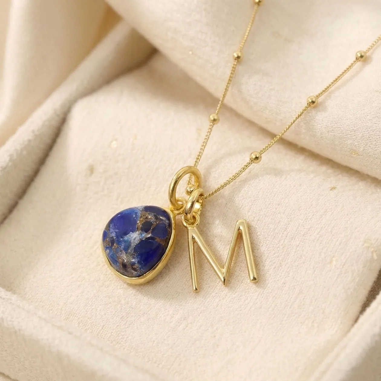 18ct Gold Plated Lapis Lazuli Initial Necklace - Q / Fine Beaded Chain: the shop's own photo