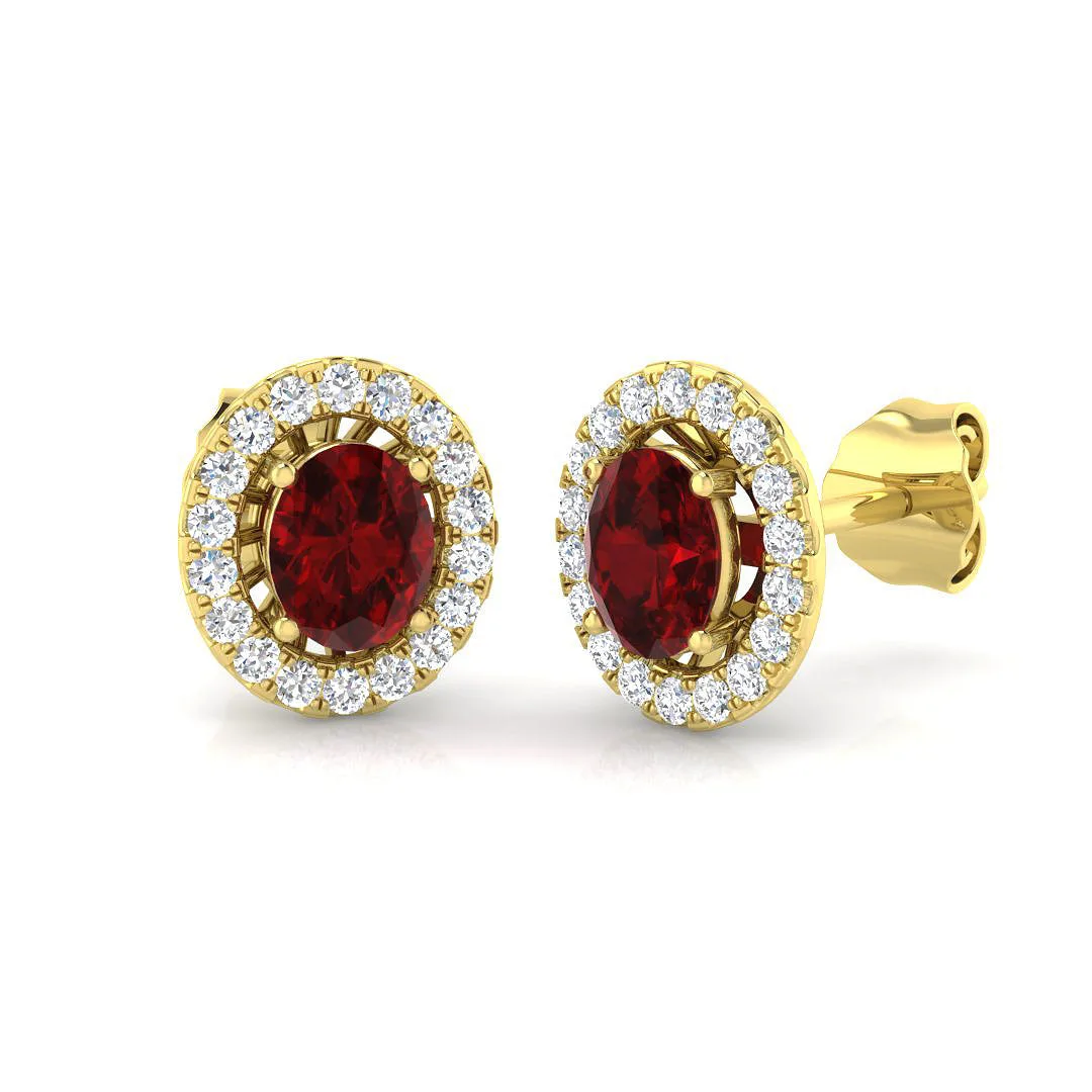 Ruby Halo Diamond Stud Earrings with Oval Cut Ruby | Prong Setting | 9K White, Yellow & Rose - 9k Yellow Gold / 1.00 Carat / Lab Grown Diamond(D-VVS): the shop's own photo