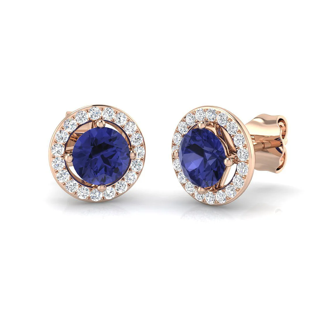 Tanzanite Halo Stud Earrings | Natural Pavé Diamonds | 1.50ct | 9K White, Yellow & Rose Gold - 9k Rose Gold / 1.50 Carat / Natural Diamond(F-VS): the shop's own photo