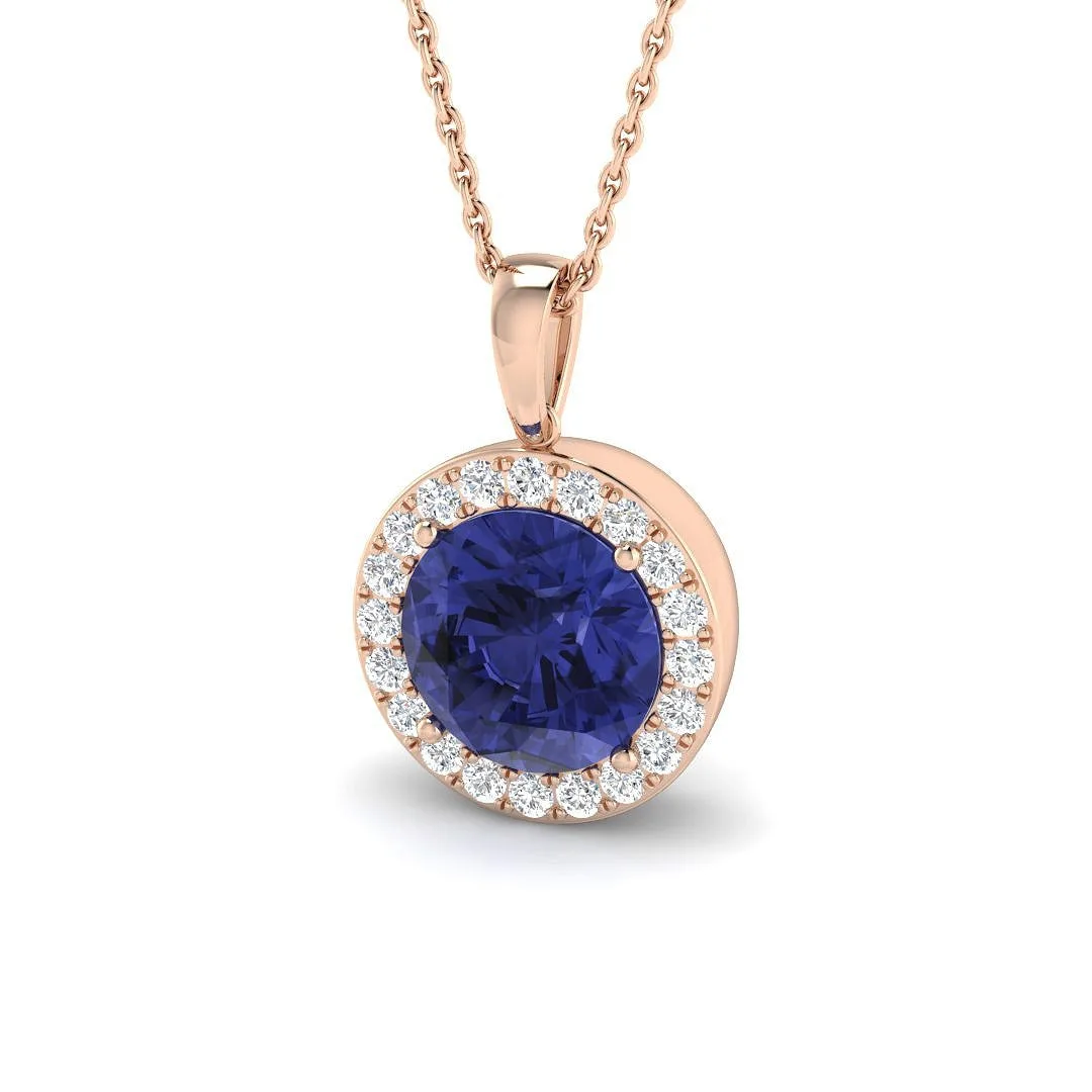 Round Tanzanite Diamond Halo Pendant Necklace | Gold & Platinum - 18k Rose Gold / 3.00 Carat / Natural Diamond(F/SI): the shop's own photo