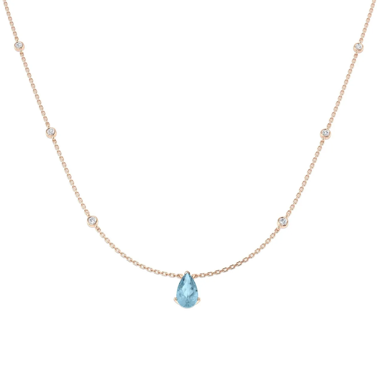 Pear Cut Aquamarine Station Necklace with Diamond Accents - UK Made - 18k Rose Gold / 9.00 Carat / Natural Diamond(F/SI): the shop's own photo