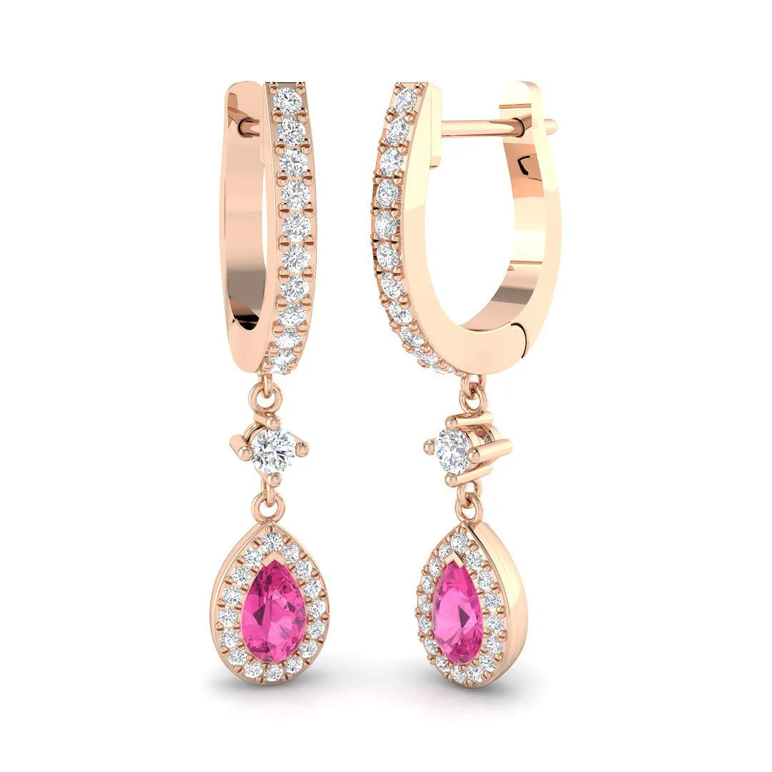 Teardrop Pink Sapphire Diamond Drop Earrings | Elegant Luxury Jewellery | 9K White, Yellow & Rose - 9k Rose Gold / 1.00 Carat / Natural Diamond(F-VS): the shop's own photo