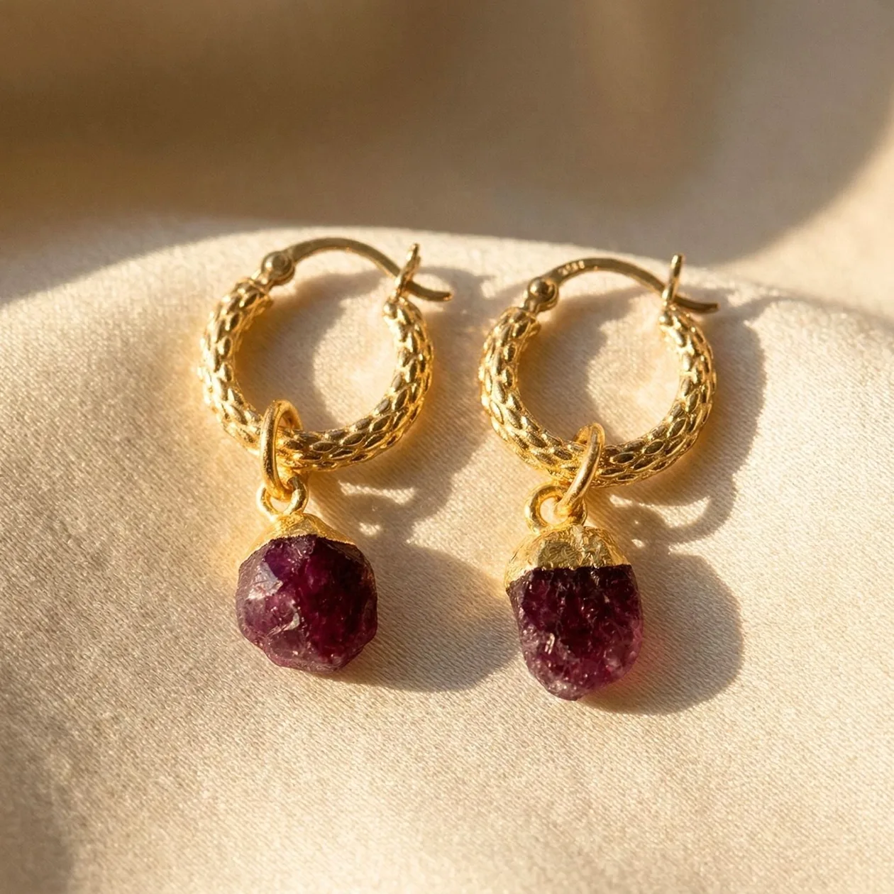 Raw Ruby July Birthstone Huggie Hoops Gold Plated Gemstone Earrings: the shop's own photo