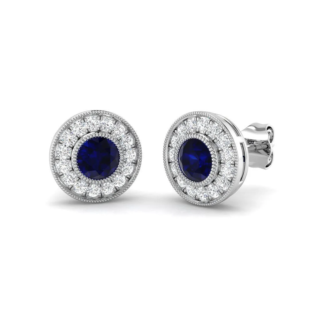 Round Blue Sapphire Halo Stud Earrings | Vintage Milgrain | 9K White, Yellow & Rose Gold - 9k Yellow Gold / 1.25 Carat / Natural Diamond(F-VS): the shop's own photo