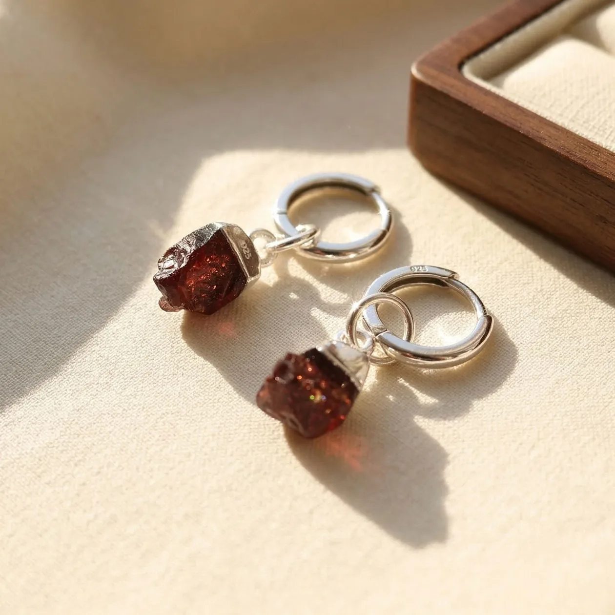 Raw Garnet January Birthstone Sterling Silver Huggies: the shop's own photo