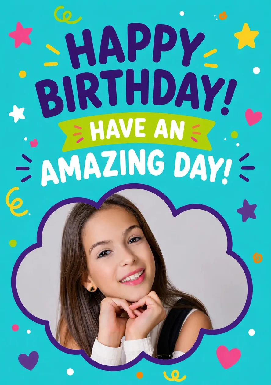 Teal Confetti Stars Happy Birthday Have an Amazing Day Photo Upload Birthday Card: the shop's own photo