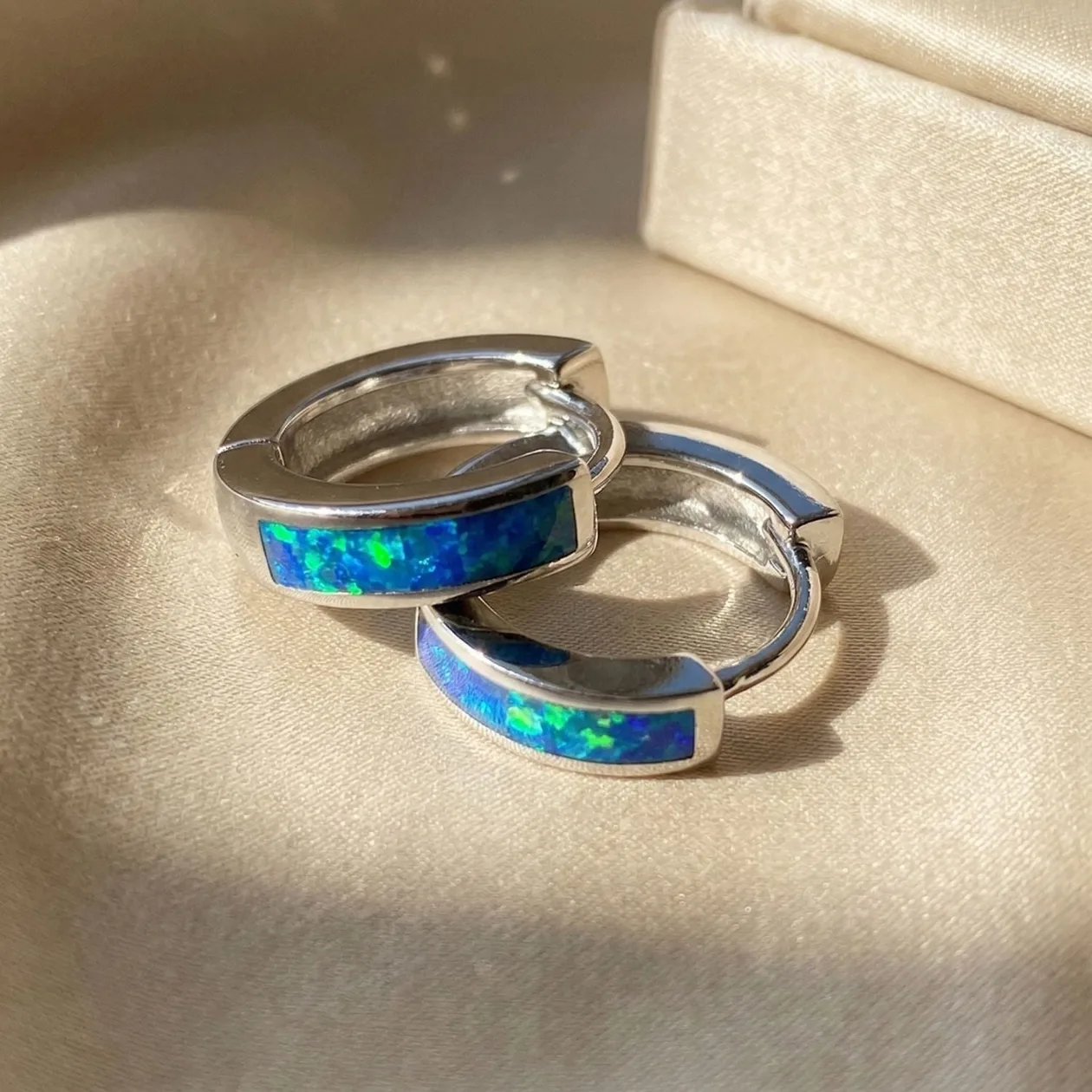 Dainty Blue Fire Opal Inlay Silver Huggie Earrings: the shop's own photo