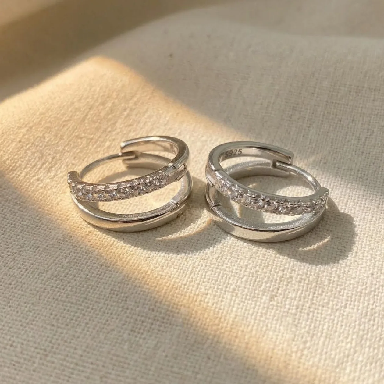 Diamond April Birthstone Double Hoop Small Huggie Sterling Silver Earrings: the shop's own photo