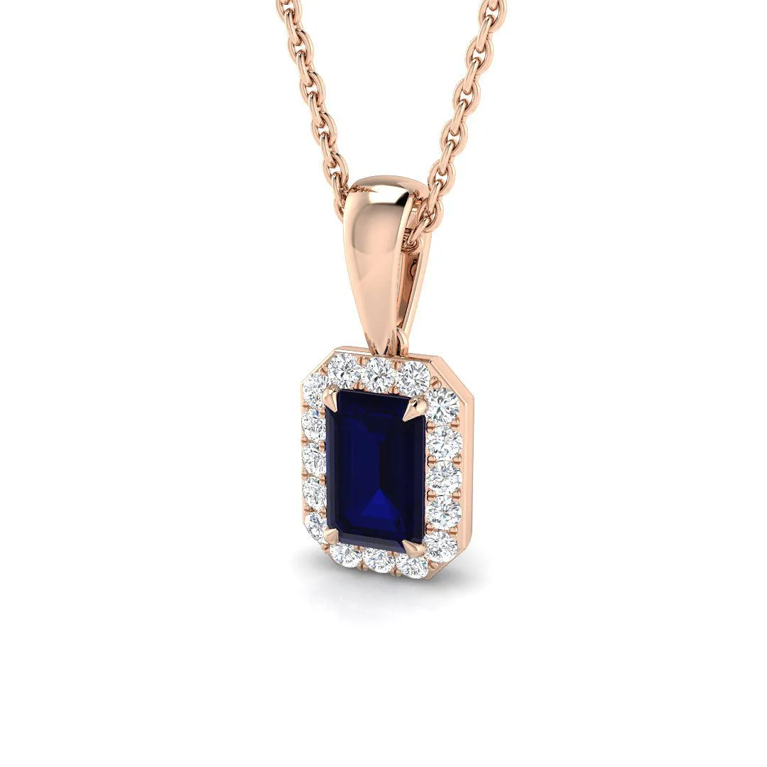Emerald Cut Blue Sapphire Pendant Necklace with Diamond Halo - 9k Rose Gold / 1.25 Carat / Natural Diamond(F/SI): the shop's own photo