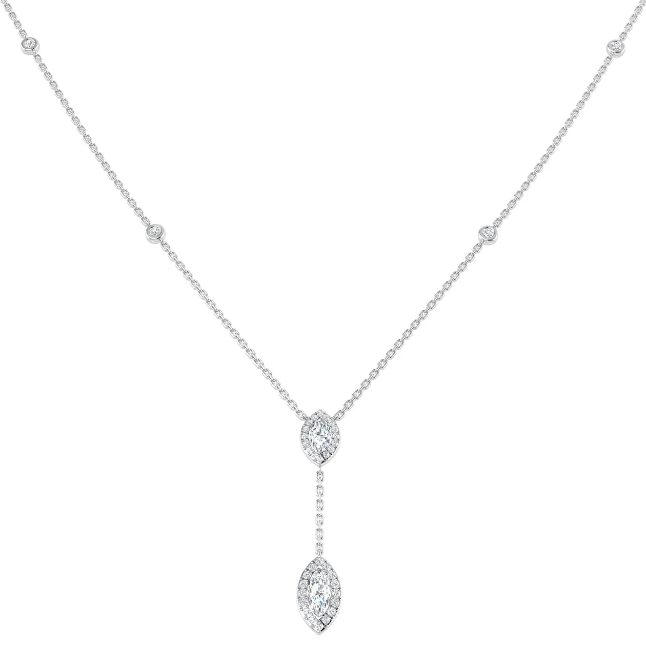 Marquise Diamond Halo Y-Drop Necklace | Bezel & Pave Set | UK Hallmarked - 18k White Gold / 1.00 Carat / Natural Diamond(F/SI): the shop's own photo