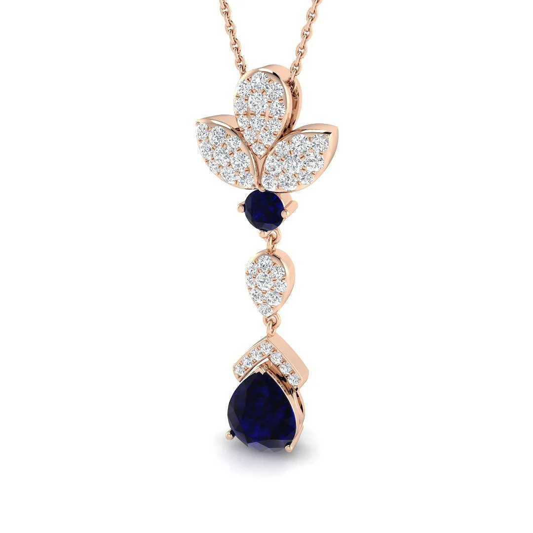 Blue Sapphire Pendant Necklace with Diamond Floral Pear Drop - UK Made - 18k Rose Gold / 2.00 Carat / Natural Diamond(F/SI): the shop's own photo