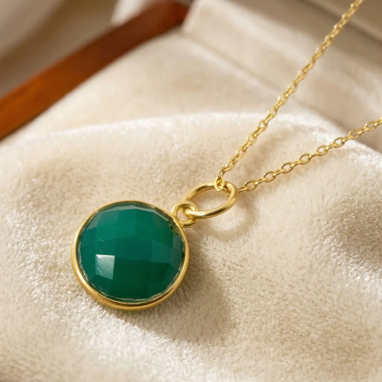 Gold Plated Green Onyx May Birthstone Round Pendant Necklace: the shop's own photo