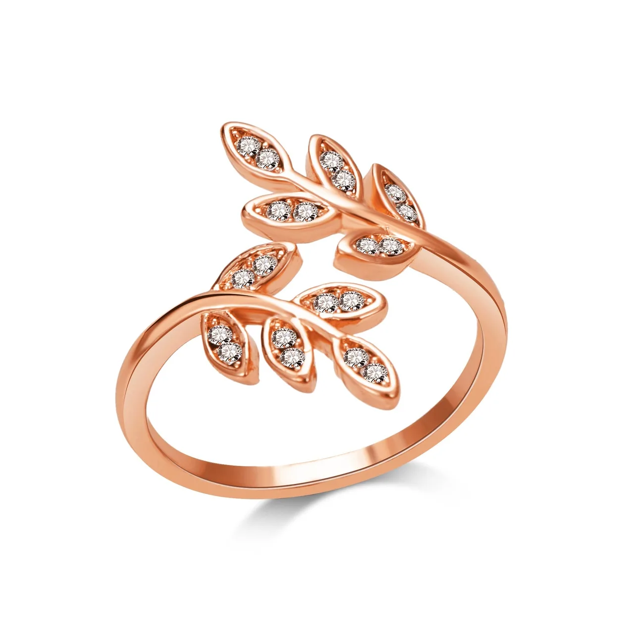 Rose Gold Plated Adjustable Leaf Ring Created with Zircondia® Crystals: the shop's own photo